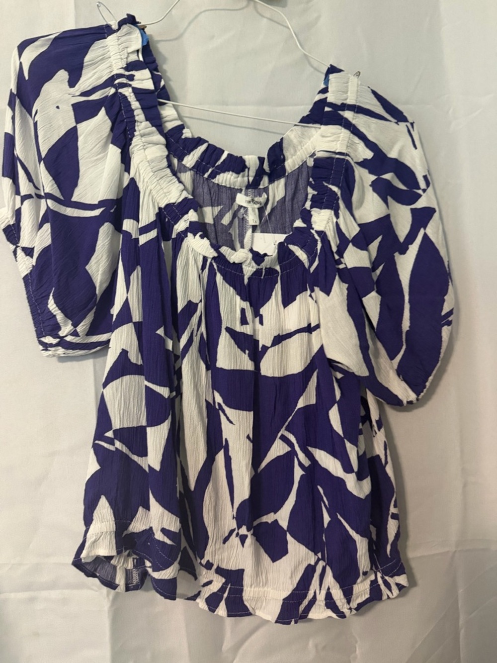 Blue and White Printed Peasant Top - Women